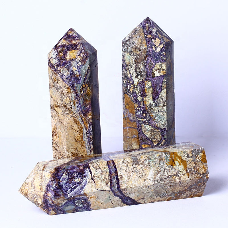Wholesale Natural Gemstones Folk Craft Purple Brecciate Tower Healing Crystal Wand Point For Decoration