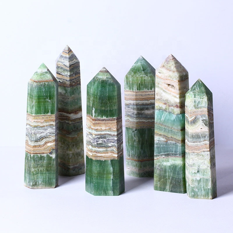 Wholesale Natural Healing Crystal Stone Wand Green Caribbean Calcite Tower Quartz Crystal Point For Decoration