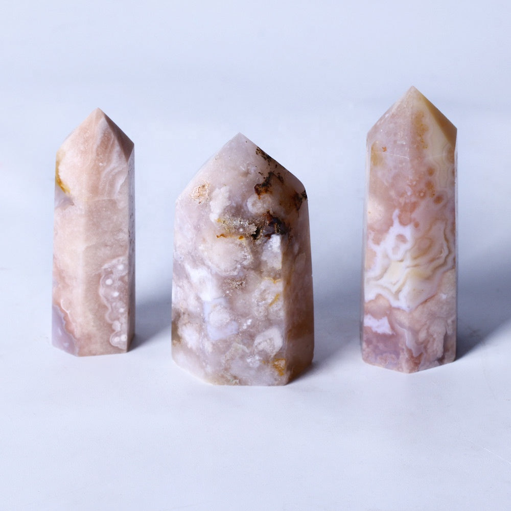 High Quality Natural Pink Flower Agate Healing Crystal Wand Cherry Blossom Sakura Agate Crystal Tower Point For Decoration