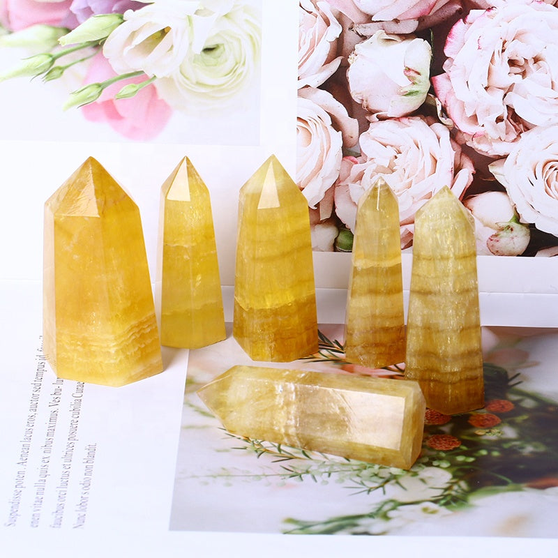 Natural High Quality Wholesale Bulk Natural Quartz Spiritual Healing Yellow Fluorite Tower Wand Crystal