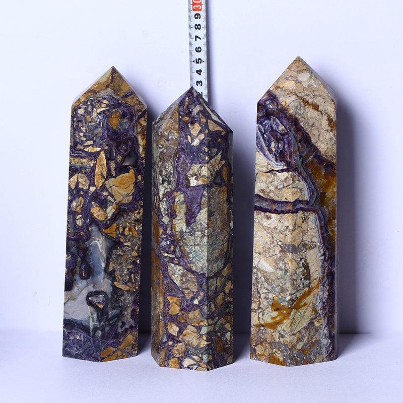 Wholesale Natural Gemstones Folk Craft Purple Brecciate Tower Healing Crystal Wand Point For Decoration