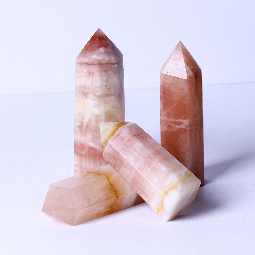 Wholesale Natural Healing Crystal Stone Wand Pink Caribbean Calcite Tower Quartz Crystal Point For Decoration