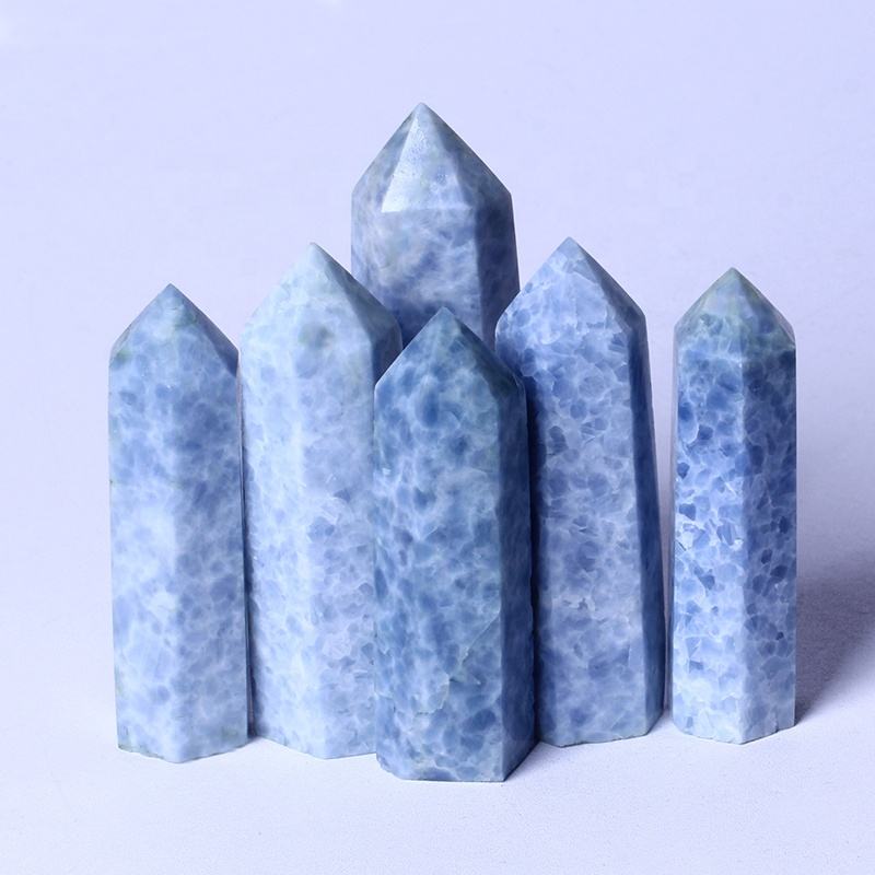 Wholesale High Quality Natural Crystal Wand Blue Calcite Tower Point Crystal Crafts For Healing