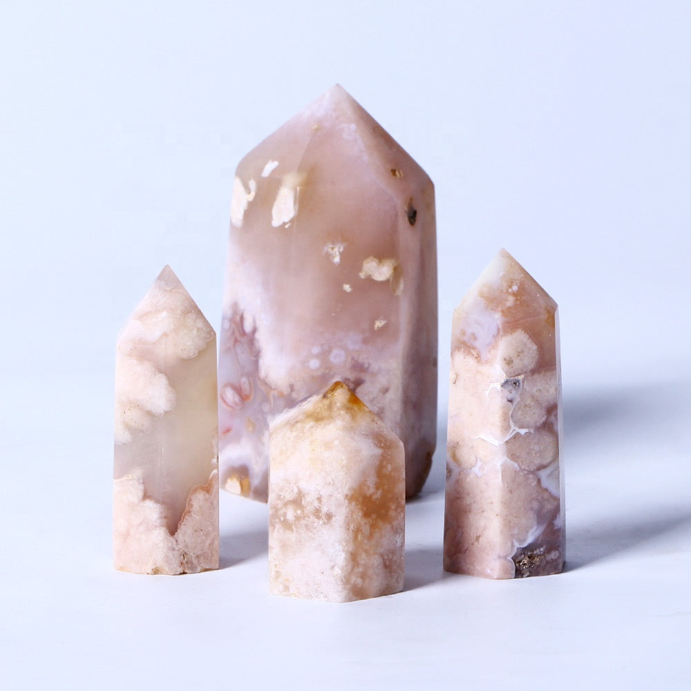 High Quality Natural Pink Flower Agate Healing Crystal Wand Cherry Blossom Sakura Agate Crystal Tower Point For Decoration