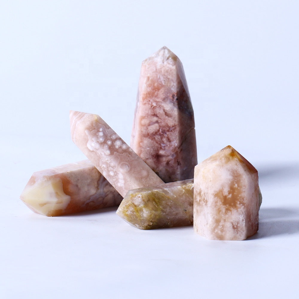 High Quality Natural Pink Flower Agate Healing Crystal Wand Cherry Blossom Sakura Agate Crystal Tower Point For Decoration