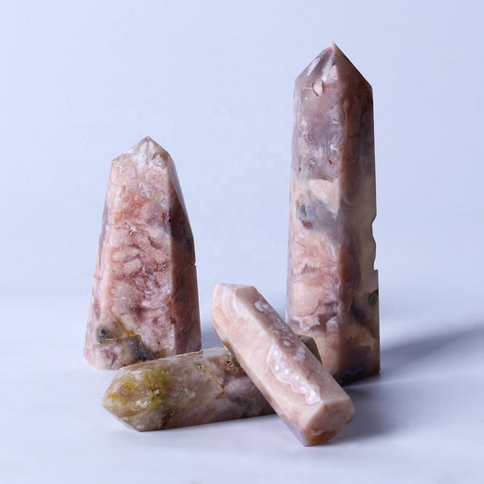High Quality Natural Pink Flower Agate Healing Crystal Wand Cherry Blossom Sakura Agate Crystal Tower Point For Decoration
