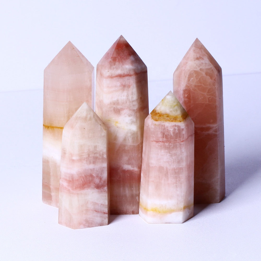 Wholesale Natural Healing Crystal Stone Wand Pink Caribbean Calcite Tower Quartz Crystal Point For Decoration