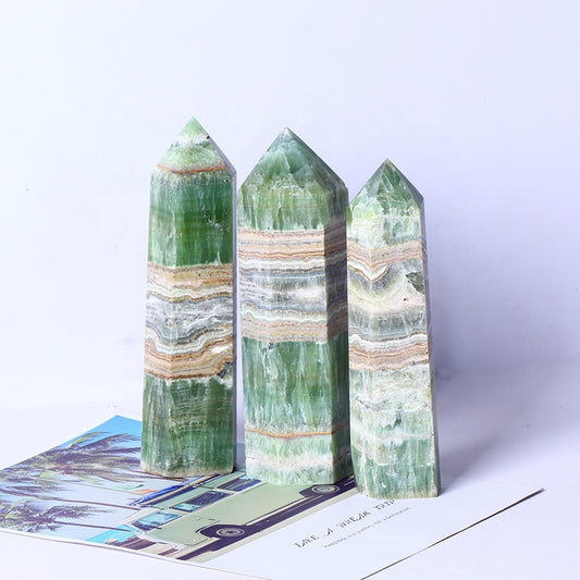 Wholesale Natural Healing Crystal Stone Wand Green Caribbean Calcite Tower Quartz Crystal Point For Decoration