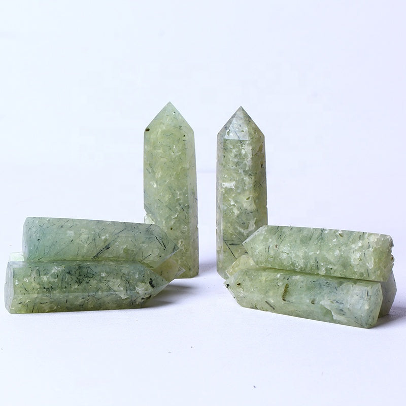 Wholesale Bulk Gemstone Natural Healing Crystal Reiki Wands Green Prehnite Crystal Tower For Decoration