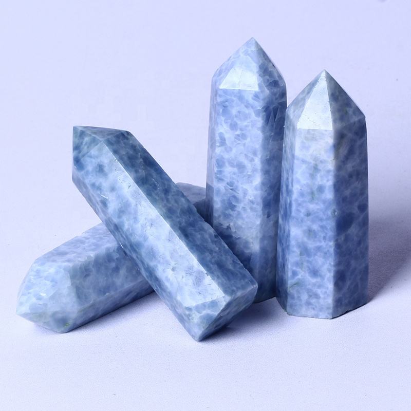Wholesale High Quality Natural Crystal Wand Blue Calcite Tower Point Crystal Crafts For Healing