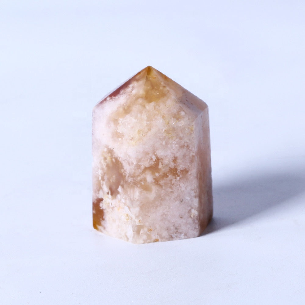 High Quality Natural Pink Flower Agate Healing Crystal Wand Cherry Blossom Sakura Agate Crystal Tower Point For Decoration