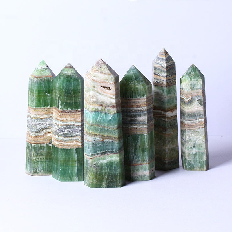 Wholesale Natural Healing Crystal Stone Wand Green Caribbean Calcite Tower Quartz Crystal Point For Decoration