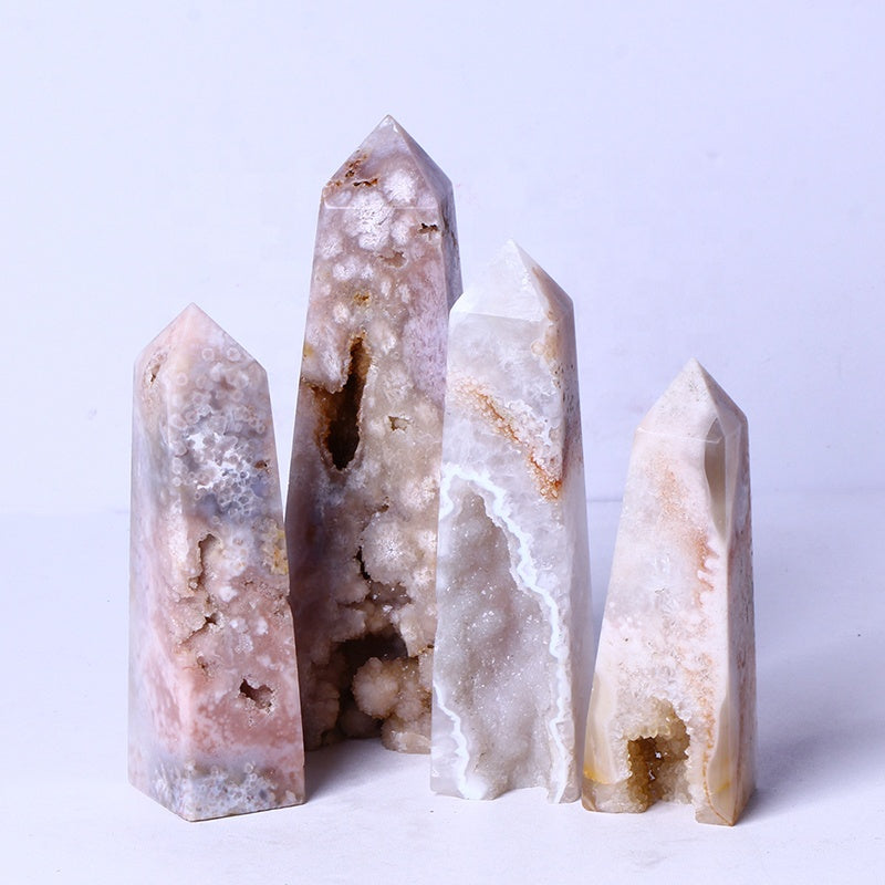 New Arrival Natural Healing Crystal Stone Wand Pink Agate Geode Point Quartz Crystal Tower For Gifts