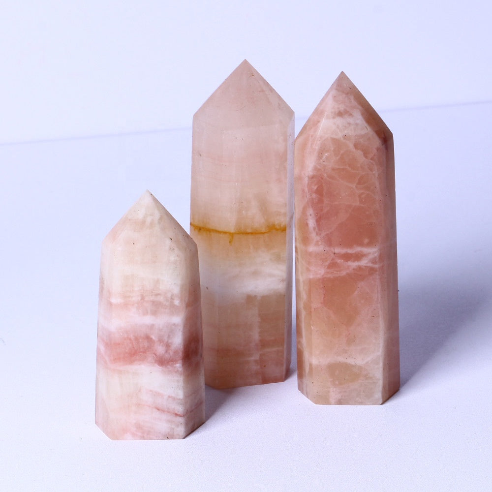 Wholesale Natural Healing Crystal Stone Wand Pink Caribbean Calcite Tower Quartz Crystal Point For Decoration