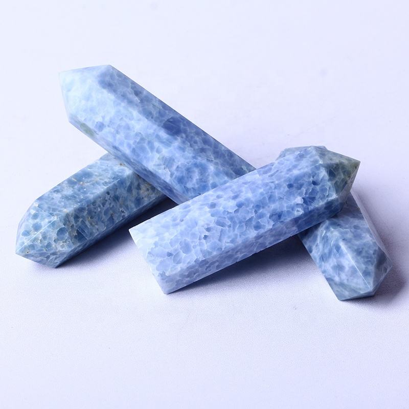 Wholesale High Quality Natural Crystal Wand Blue Calcite Tower Point Crystal Crafts For Healing