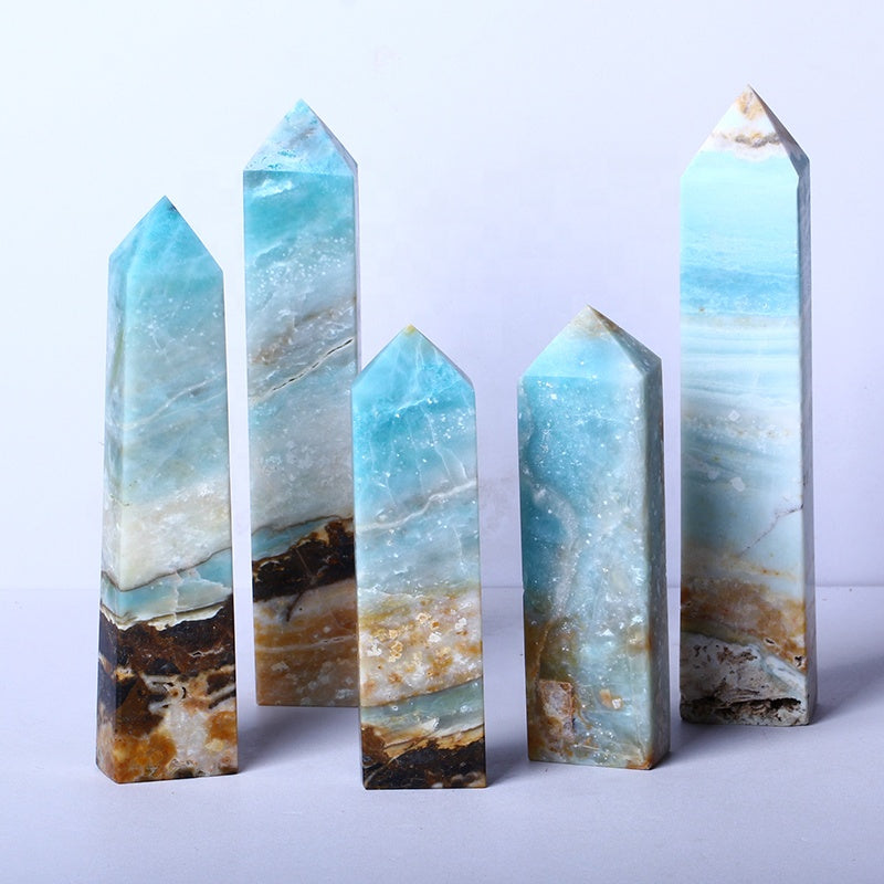 Wholesale Natural Cystal Wand Blue Caribbean Calcite Wand Point Quartz Crystal Tower For Healing
